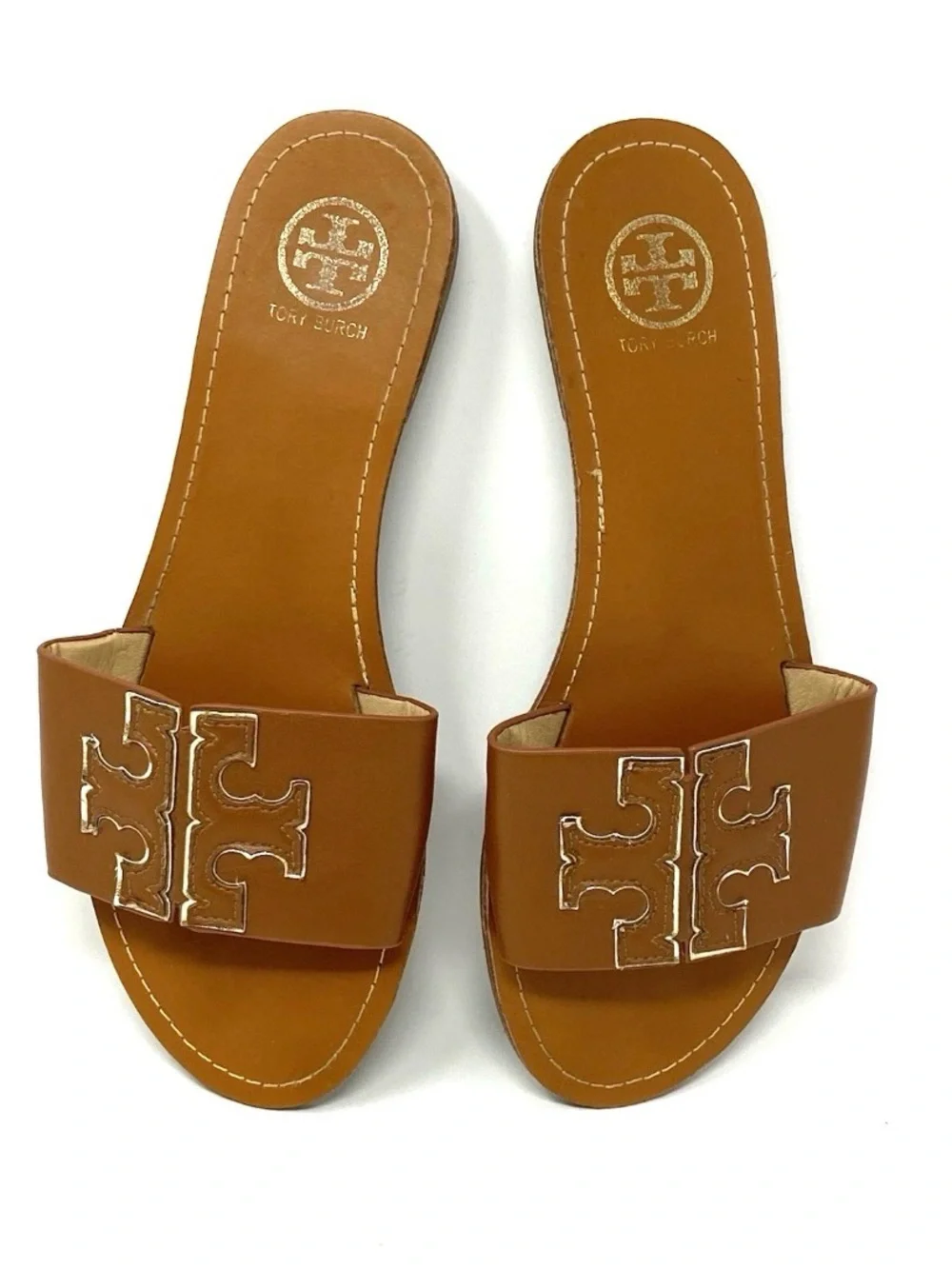 Tory Burch Ines Large Logo Slide Leather Flat Sandals Brown Gold EUR 40 / US 10